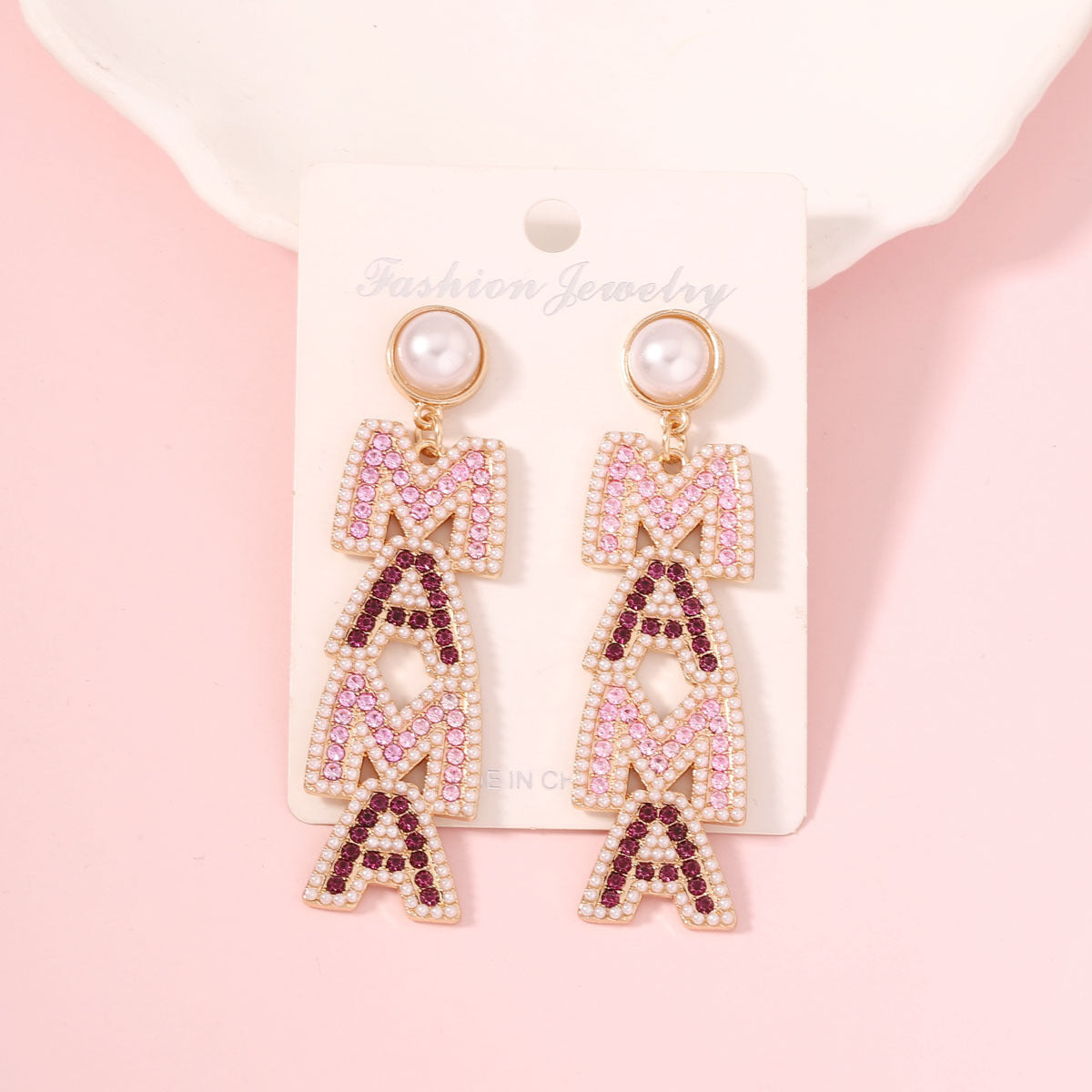 Wholesale  Mother' s Day creative letter  diamond pearl earrings light luxury earrings