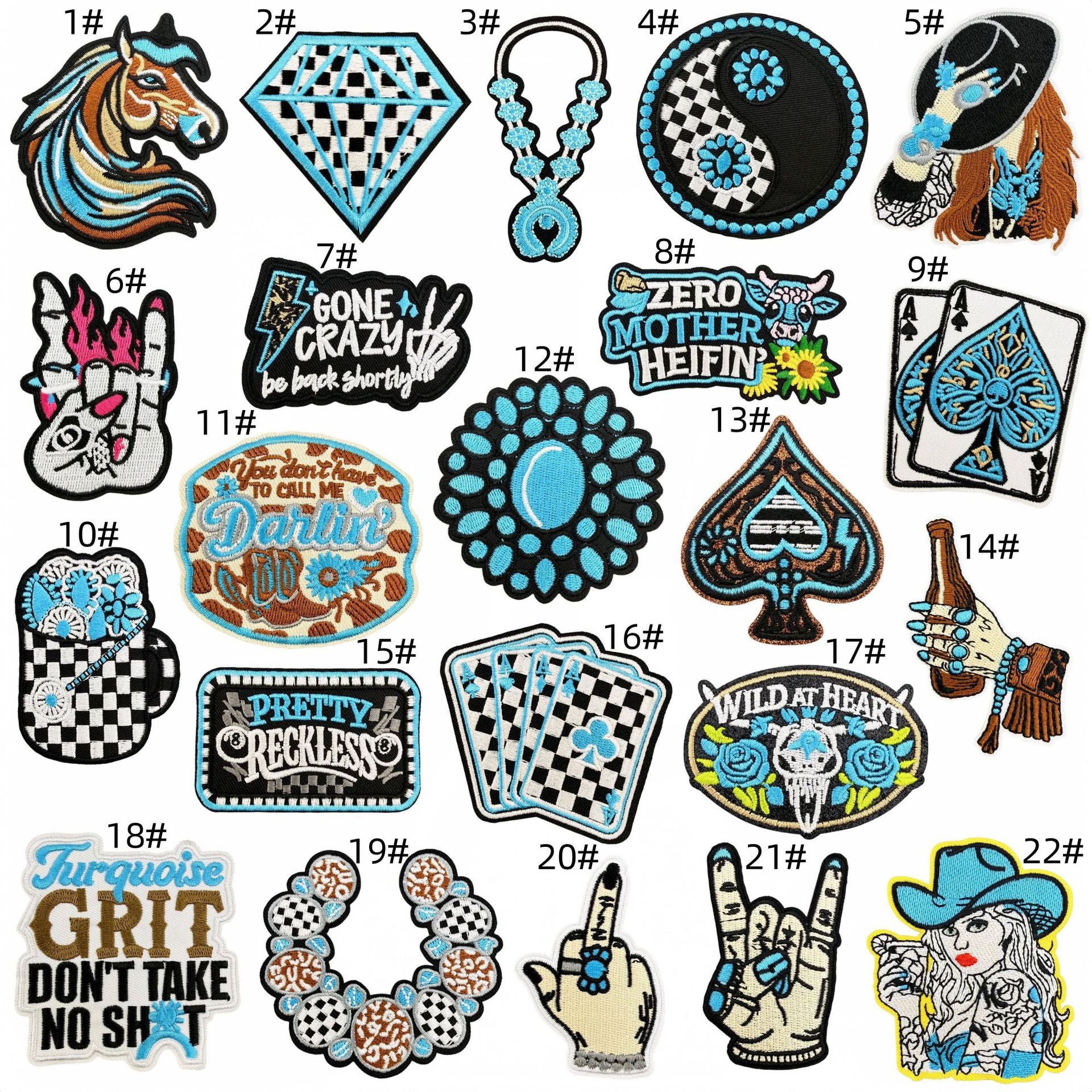 Wholesale Trendy Boho Turquoise Embroidered Patches Western Denim Patch Set 22 Pieces Decorative For Clothing Bags DIY Accessory