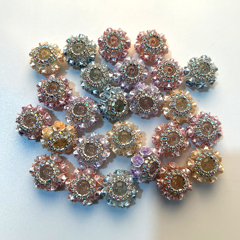 Wholesale 10pcs Pearlescent Camellia Rose with Diamond Acrylic Beads