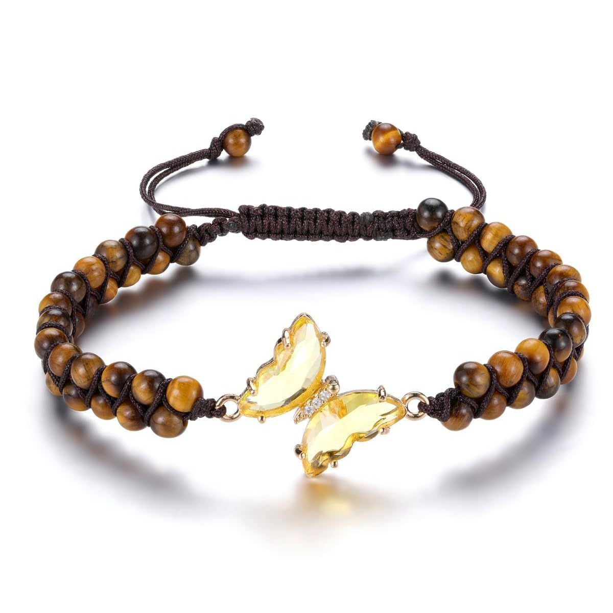 Wholesale Handmade Natural Stone Bracelet Amethyst Tiger Eye Double Layer Woven Adjustable Butterfly Charm Jewelry Accessory For Boutique Resale