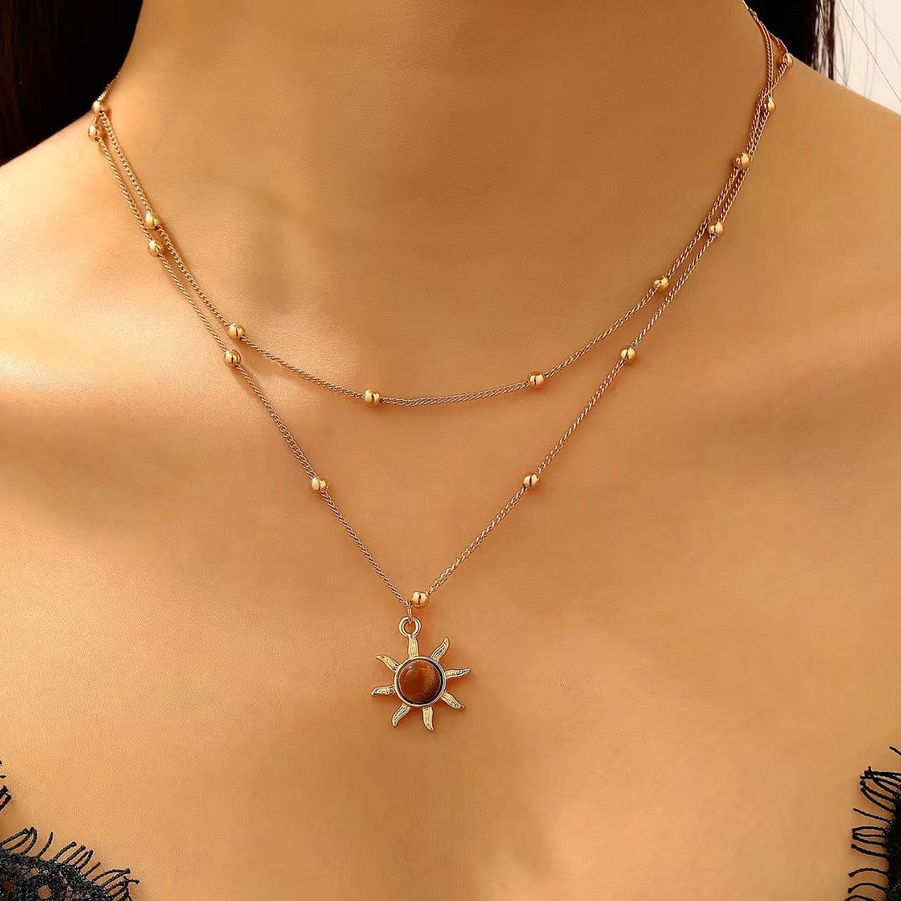 Wholesale Women' s golden sunflower tiger' s eye necklace