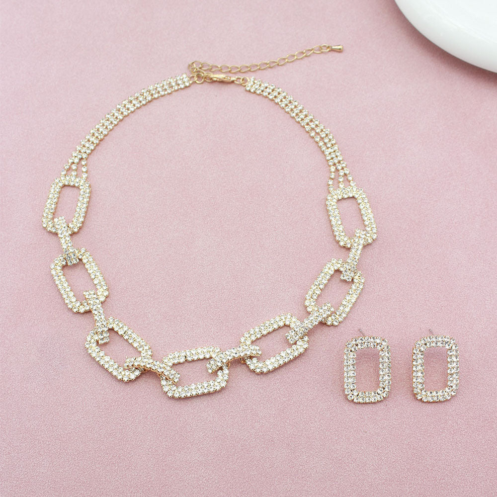 Wholesale Fashionable Square Chain Rhinestone Necklace Geometric Earrings Women's Jewelry Set