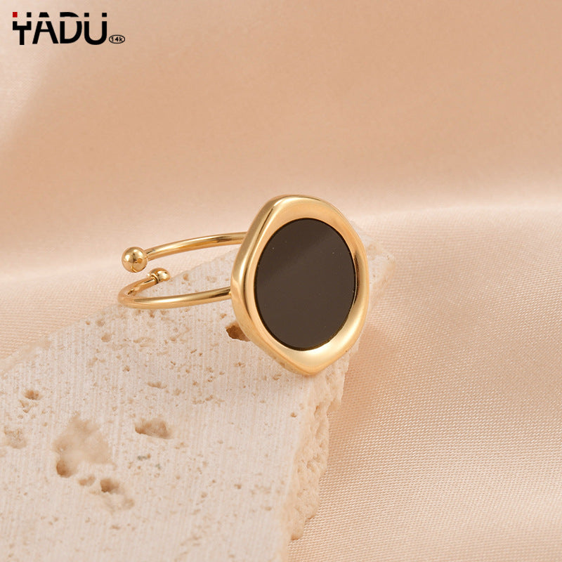 Wholesale Electroplated Stainless Steel Black And White Mother Of Pearl Irregular Geometric Ring Trendy Korean Style Boutique Resale Fashion Jewelry