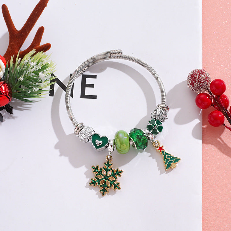 Wholesale Stainless Steel Christmas Tree Elk Snowflake Alloy Charm Beaded Bracelet