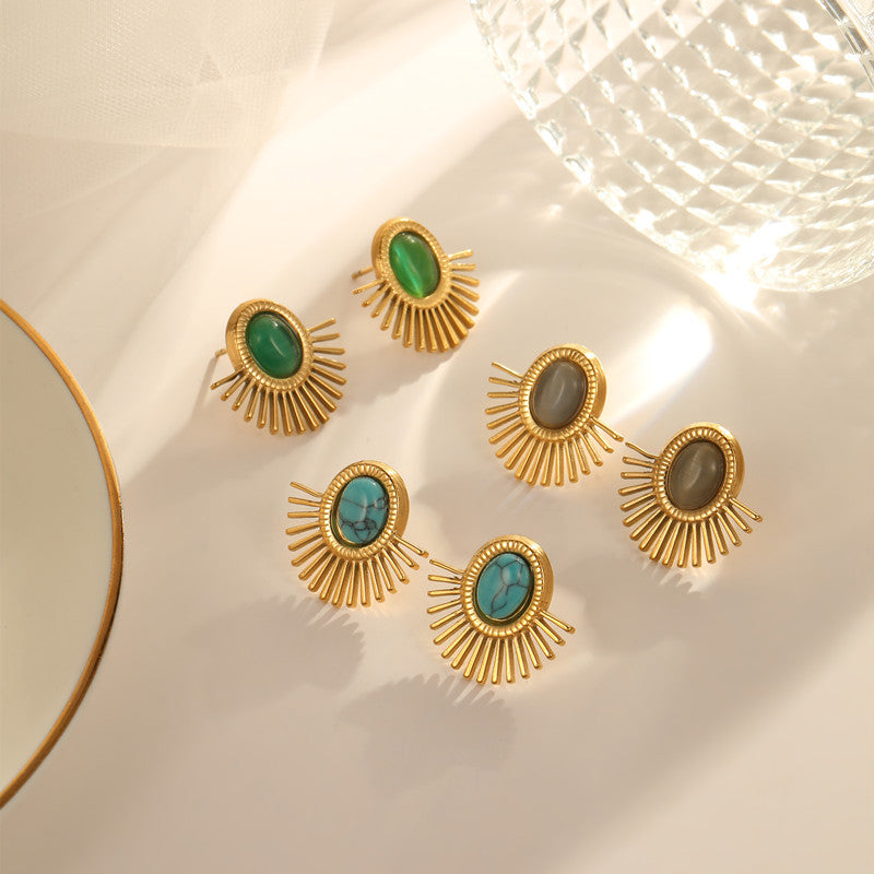 Wholesale Natural Turquoise Fan-shaped Hollow Stainless Steel Earrings