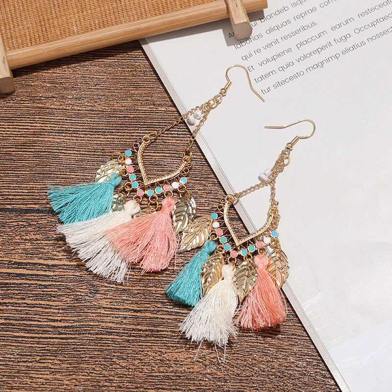 Wholesale Ethnic Style Tassel Metal Leaf Earrings