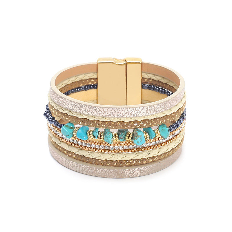 Wholesale Bohemian Turquoise Beaded Leather Bracelet