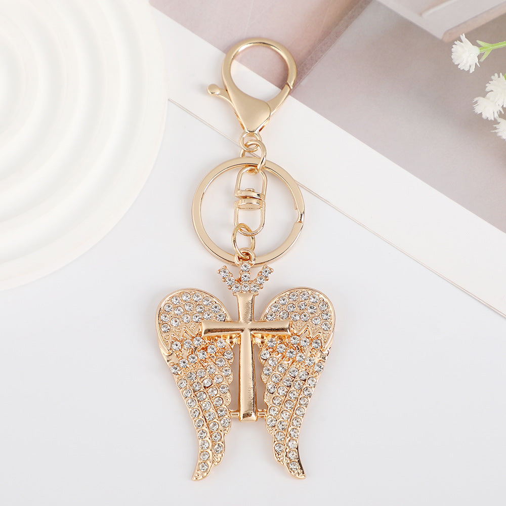 Wholesale Full Diamond Double Wing Cross Metal Keychain
