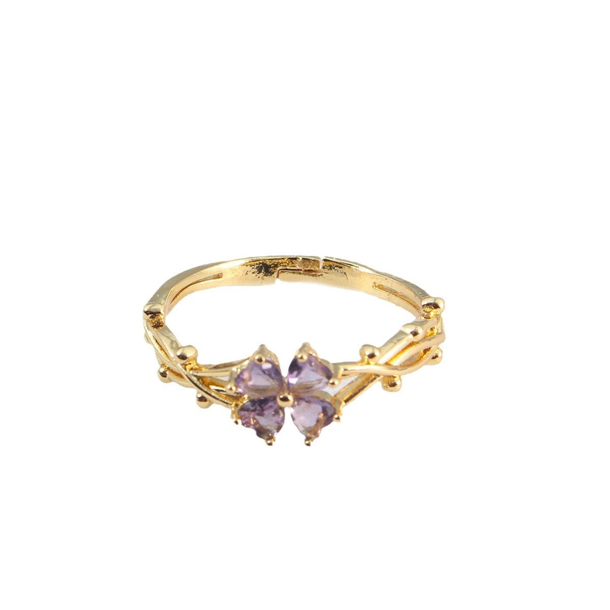 Wholesale Purple zircon four-petal flower open adjustable ring