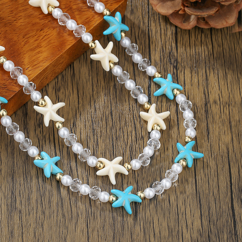 Wholesale Bohemian turquoise starfish pearl crystal necklace clavicle chain