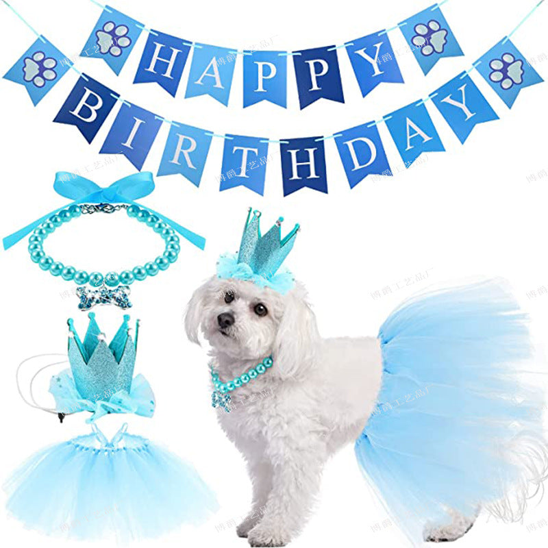 Wholesale Pet Dog Birthday Party Tulle Skirt Bone Necklace Crown Set