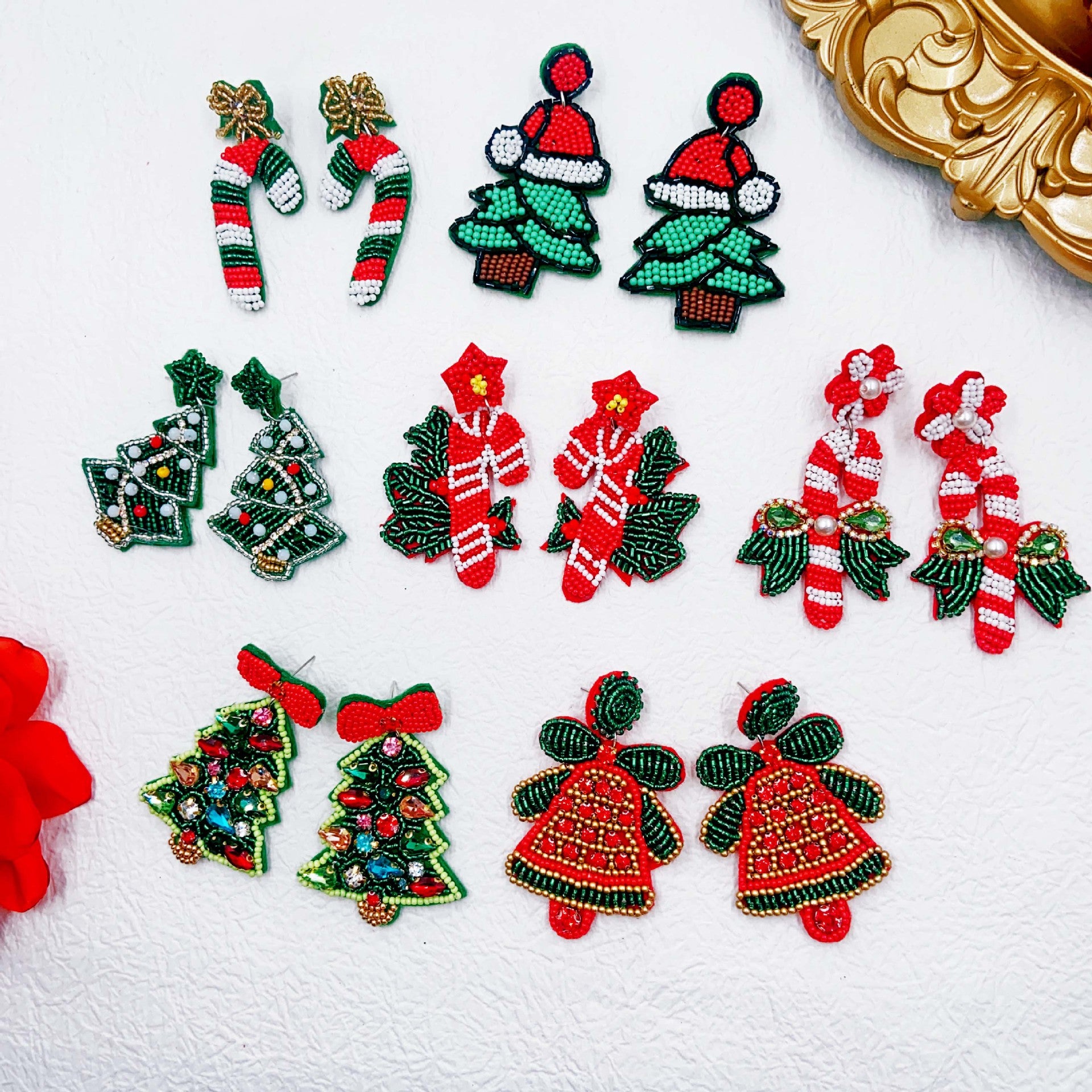 Wholesale Christmas Bells Candy Canes Sweet and Cute Rice Beads Hand-woven Earrings