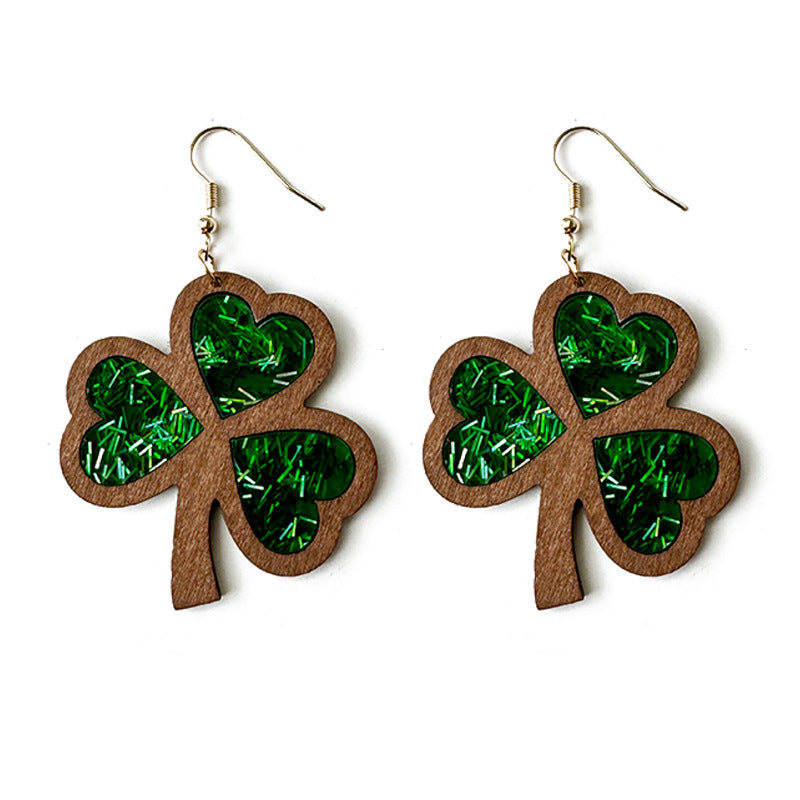 Wholesale Clover Acrylic St. Patrick's Day Wood Texture Inlay Holiday Earrings