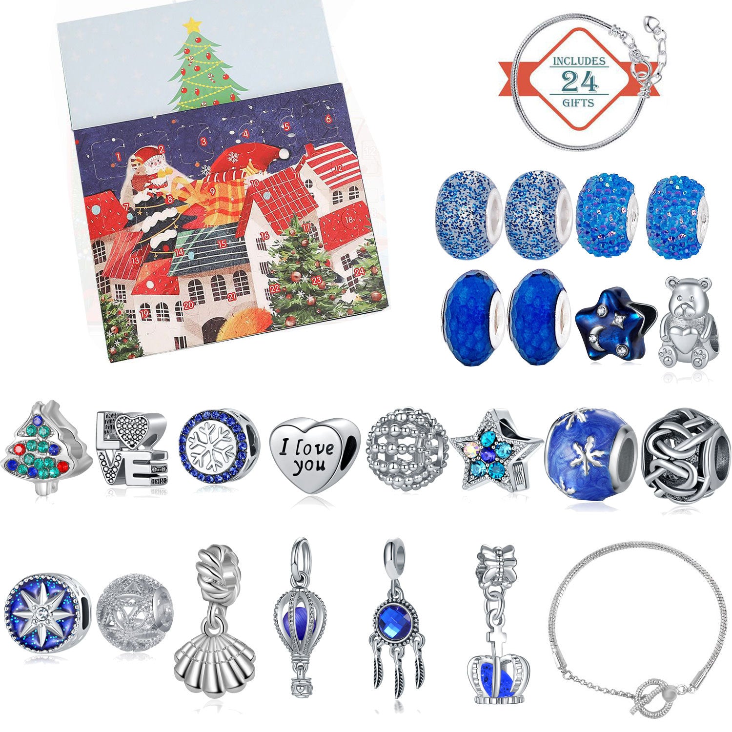 Wholesale Blue Christmas Countdown Calendar Gift Box Set Diy Beaded Bracelet