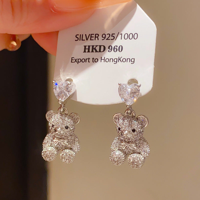 Wholesale Zircon Love White Bear Cartoon Blingbling Earrings