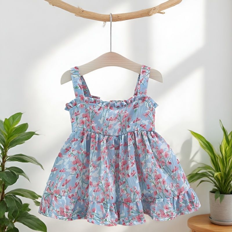 Wholesale Summer Fashion Floral Chiffon Princess Slip Dress For Toddler Girls Lace Trim Party Sundress For Boutique Resale