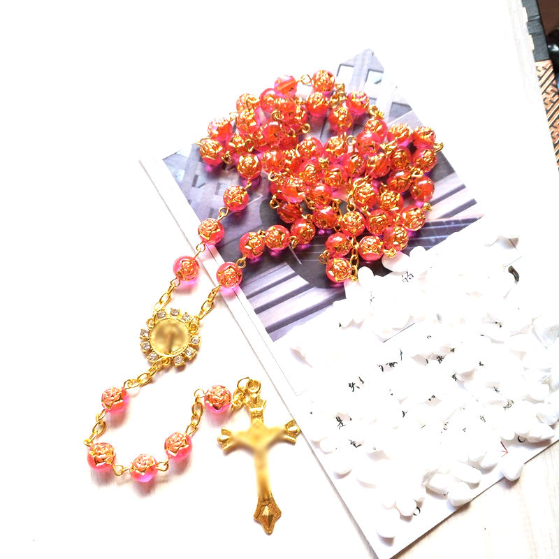 Wholesale Hand-strung Long Sweater Chain with Blue Gilt Rose Beads