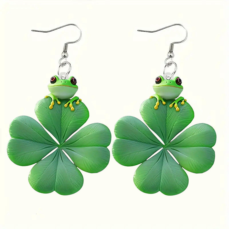 Wholesale St.  Patrick' s Day frog and four-leaf clover acrylic earrings