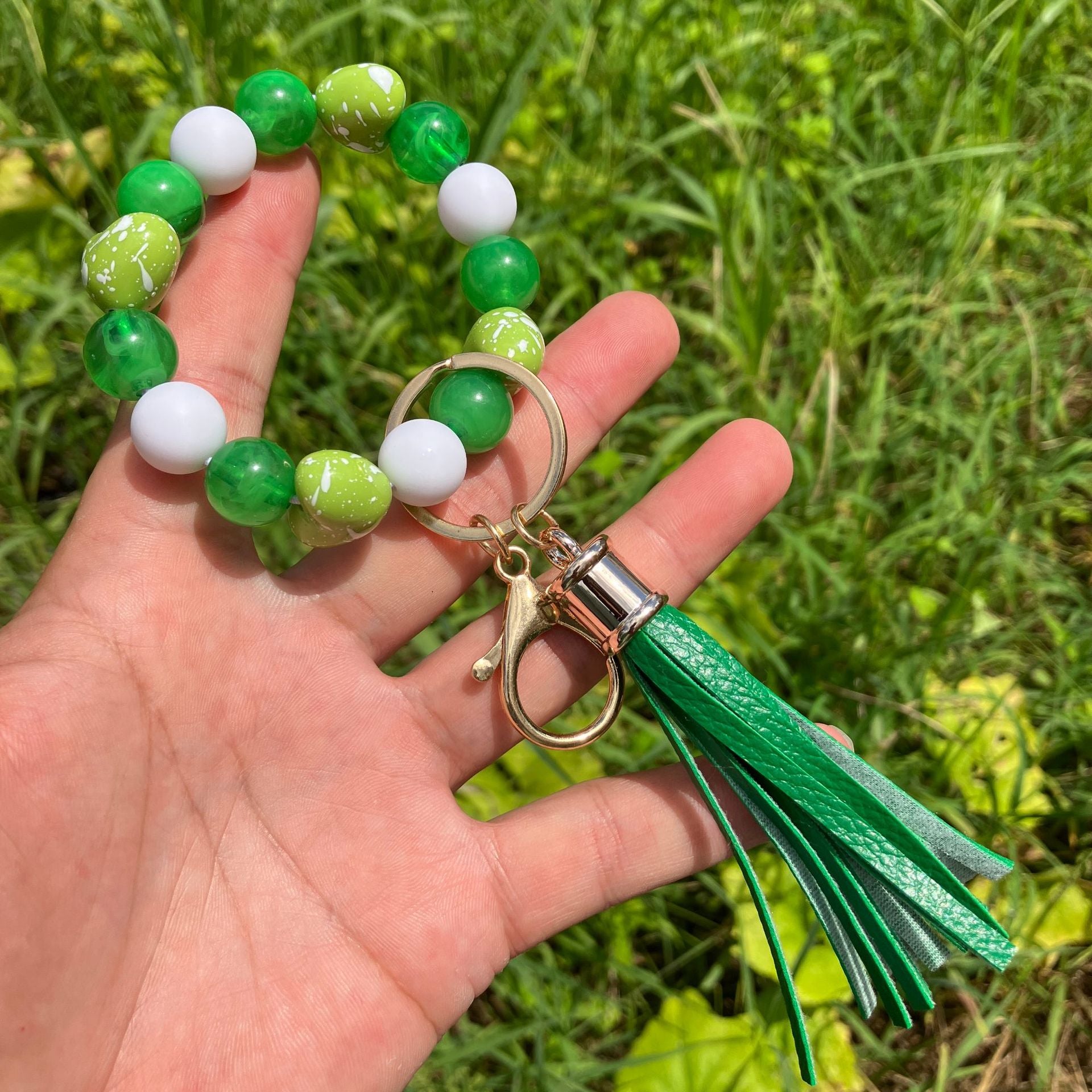 Wholesale Colorful Beaded Heart Printed Tassel Bracelet Keychain