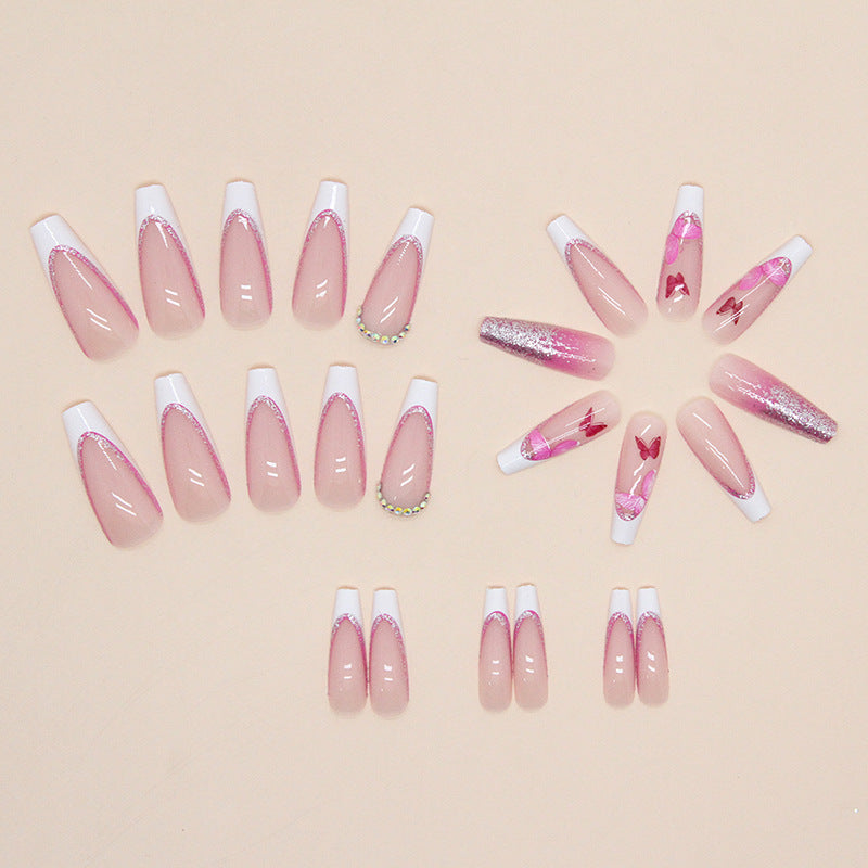 Wholesale Long Ballet Pink Glitter French Diamond Style Pink Butterfly Nail Stickers