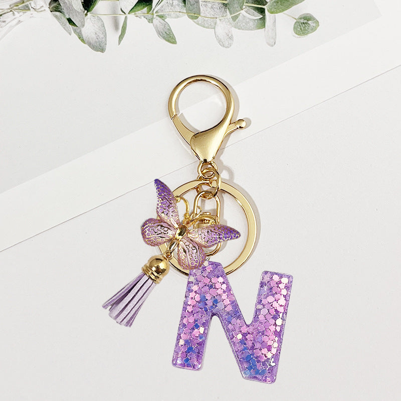 Wholesale Pink sequined butterfly 26 letter Sequin Keychain