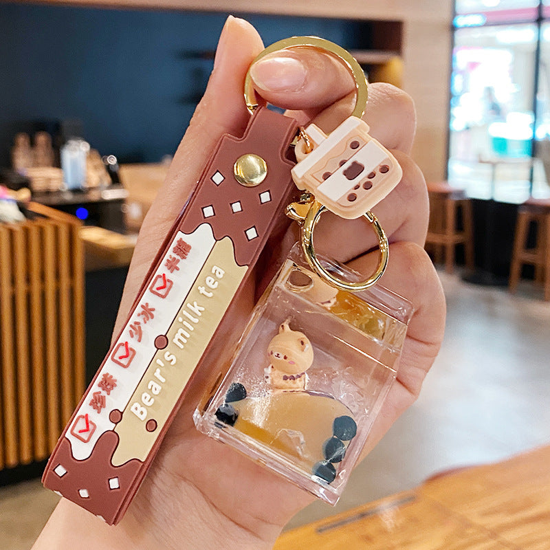 Wholesale Milk tea bear quicksand keychain exquisite cute schoolbag pendant
