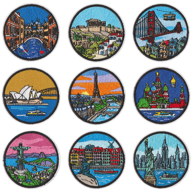 Wholesale Polyester Cotton Embroidered World City Landmark Iron On Patches 9 Pack For ets Travel Souvenir