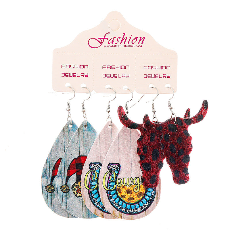Wholesale 2 Sets Christmas Suit Western Cowboy Snowflake Sunflower PU Leather Earrings