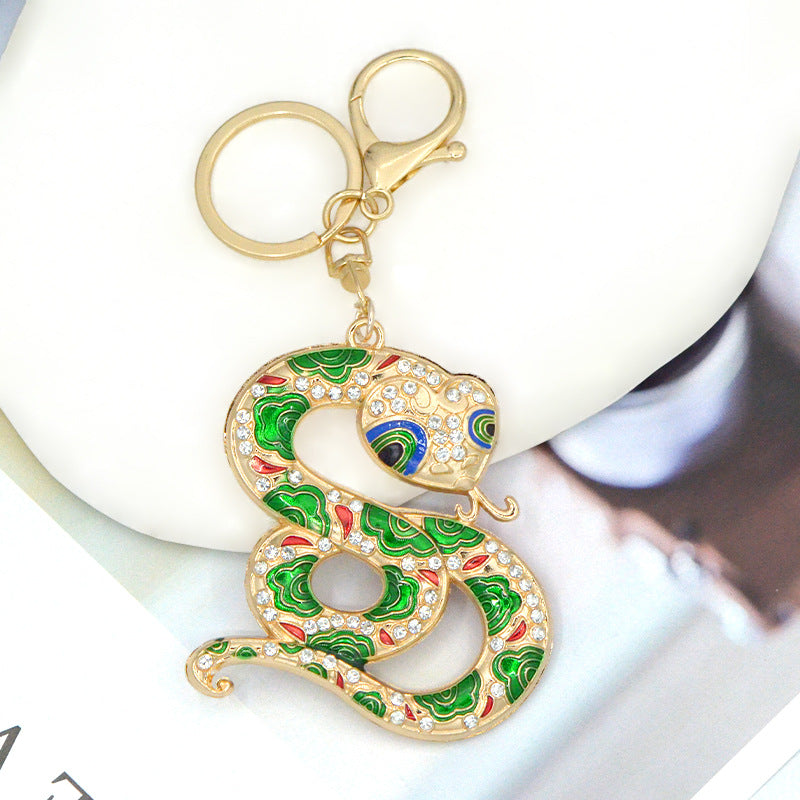 Wholesale Chinese Style Pattern Small Snake Crystal Keychain Zodiac Series Snake Backpack Pendant Alloy Rhinestone