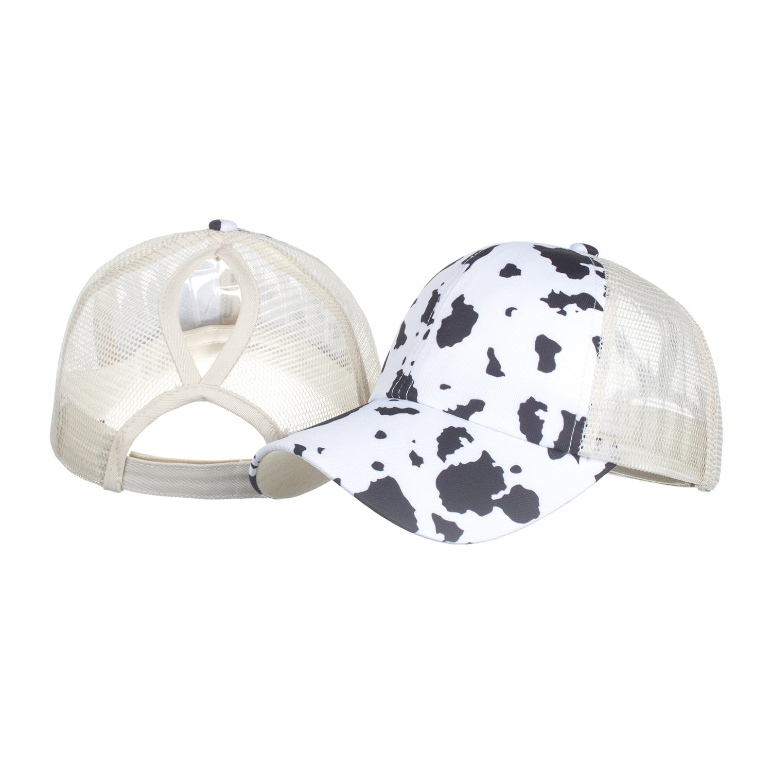Wholesale Cow Pattern Cross Elastic Mesh Ponytail Baseball Cap