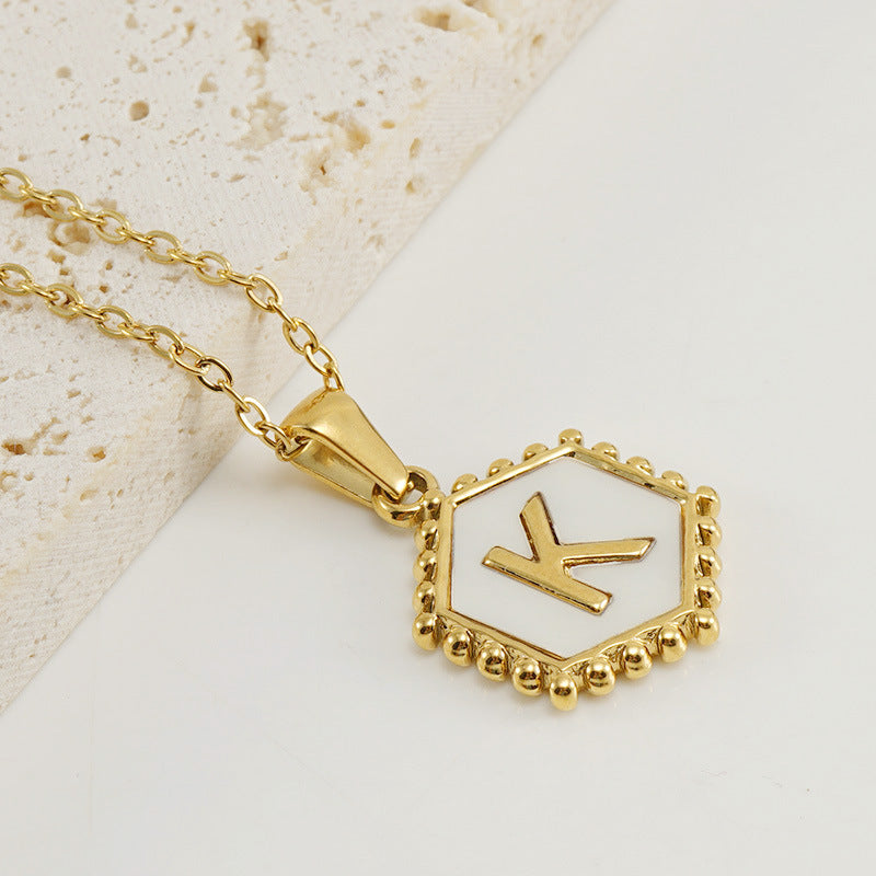 Wholesale Stainless Steel Plated Hexagonal Natural Shell Letter Pendant 18K Necklace