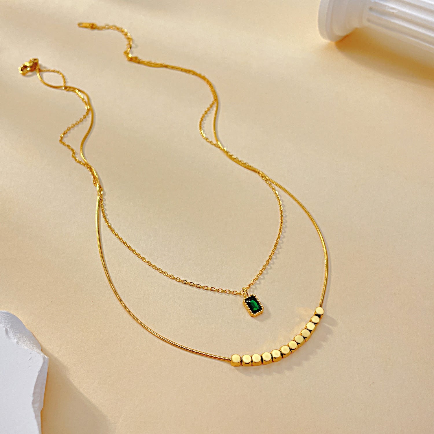 Wholesale New Chinese Style Emerald Zircon Stainless Steel Small Square Necklace