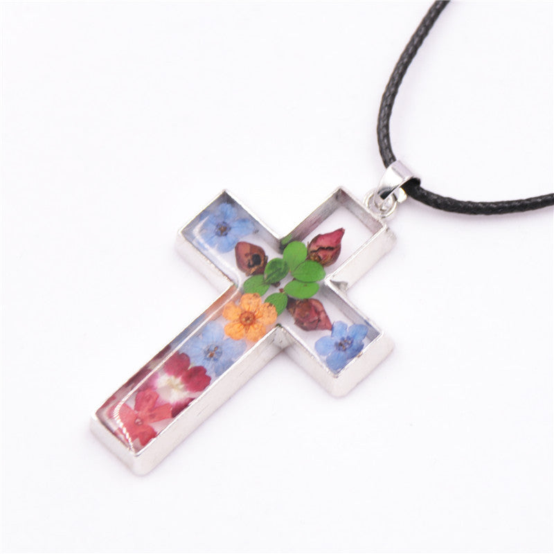 Wholesale 6pcs Natural Stone Rose Dried Flower Resin Cross Fashion Necklace
