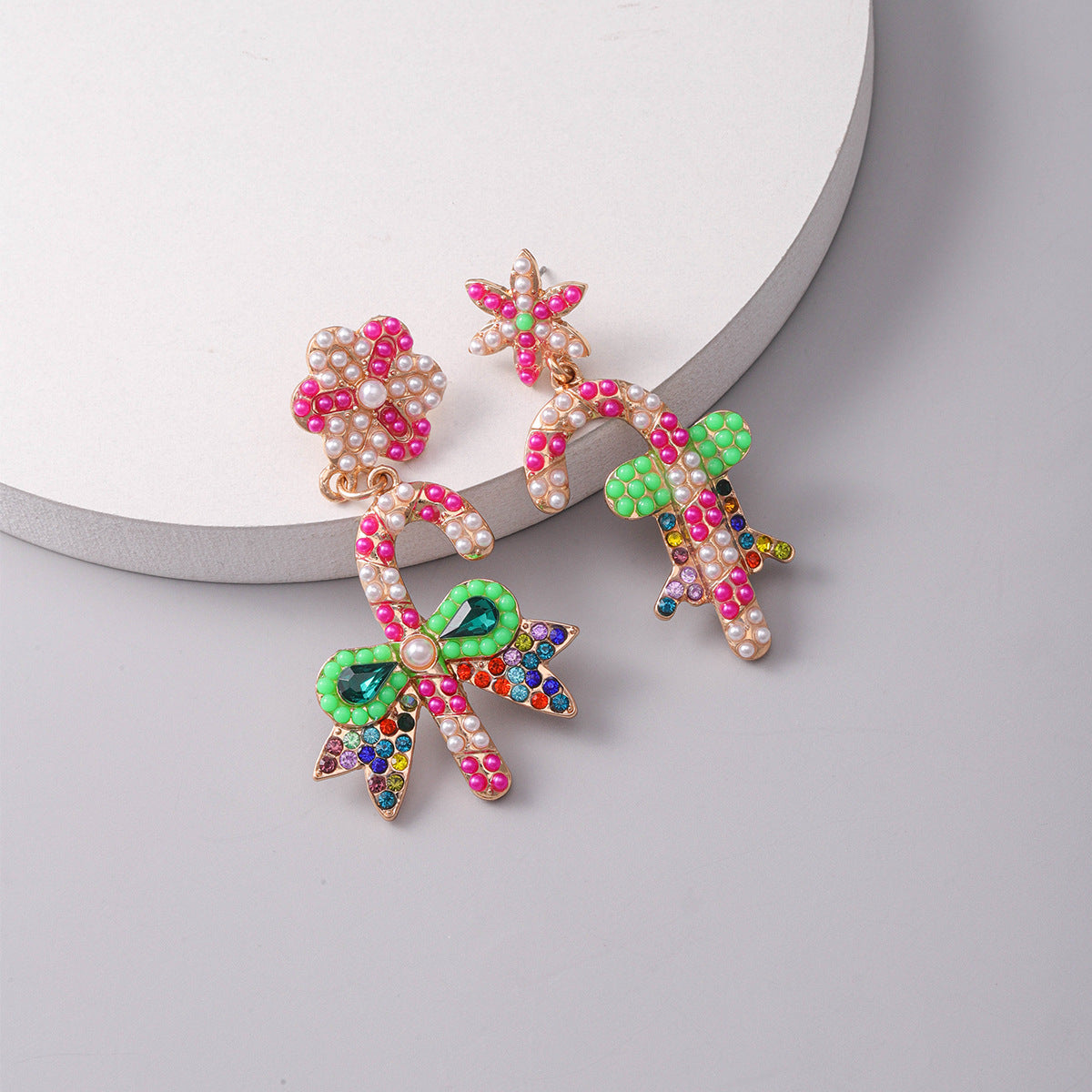 Wholesale Christmas Walking Stick Alloy Diamond and Rice Bead Earrings