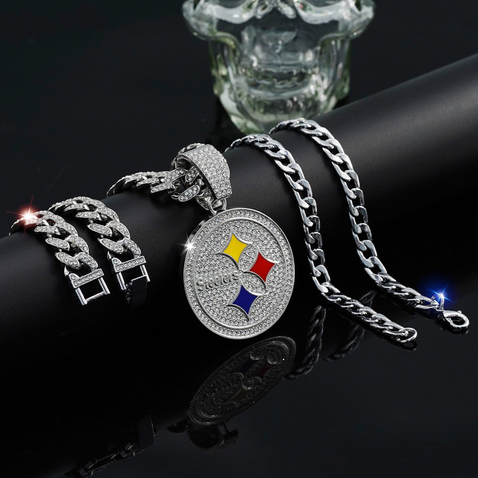 Wholesale Hip-Hop Diamond Round  Necklace Cuban Chain Bracelet Three-Piece Set