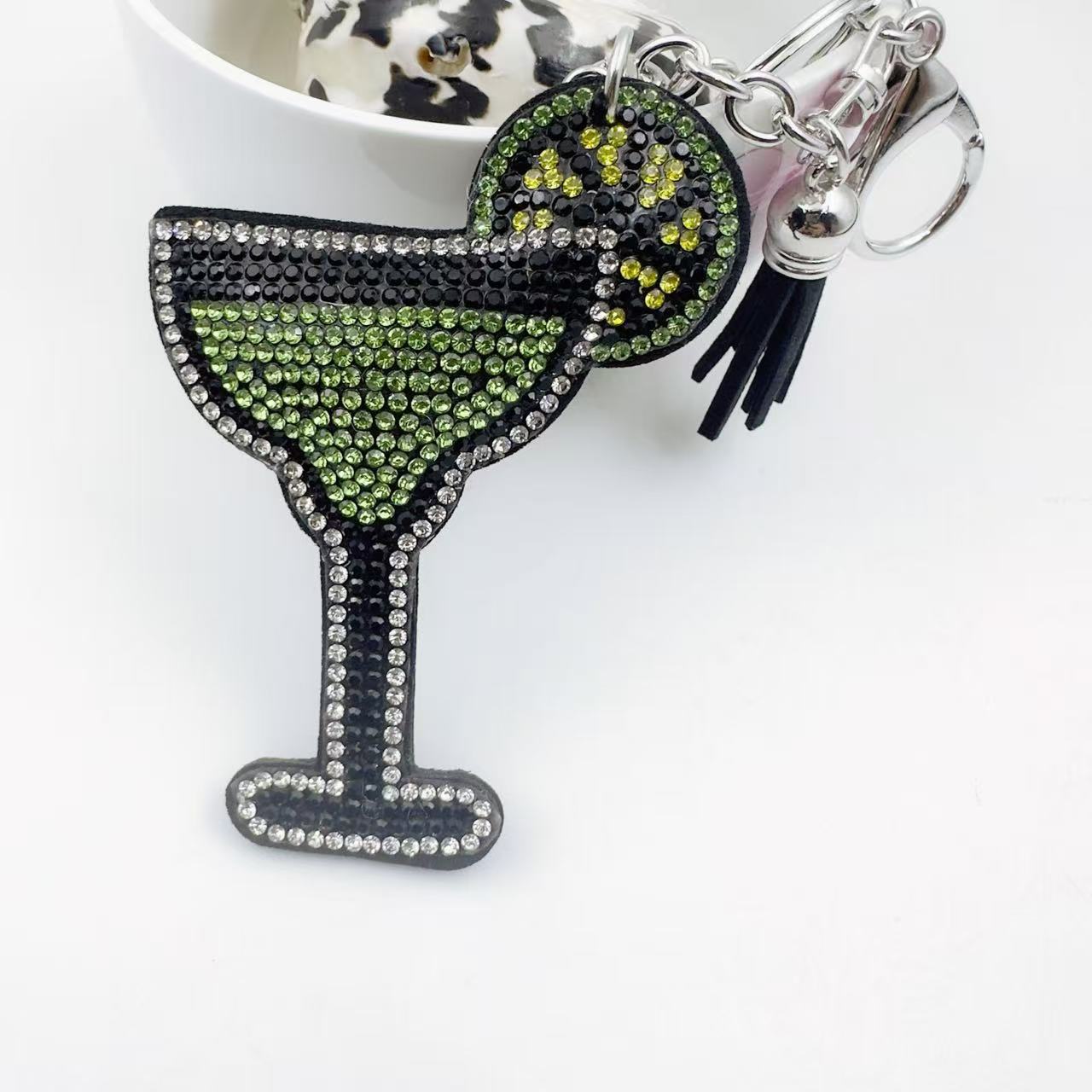Wholesale Rhinestone Studded Wine Glass Keychain With Tassel Pink Zinc Alloy Bag Charm For Wedding Favors