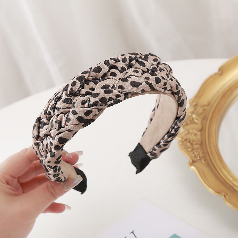 Wholesale Leopard Print Twist Fabric Braided Wide-brimmed Headband