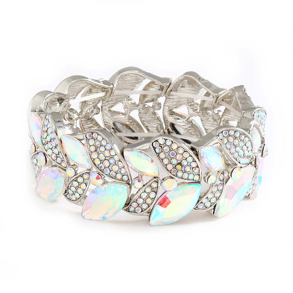 Wholesale Leaf Rhinestone Elastic Bangle Bracelet Golden White Alloy Jewelry Accessory Stylish Gift Boutique Resale