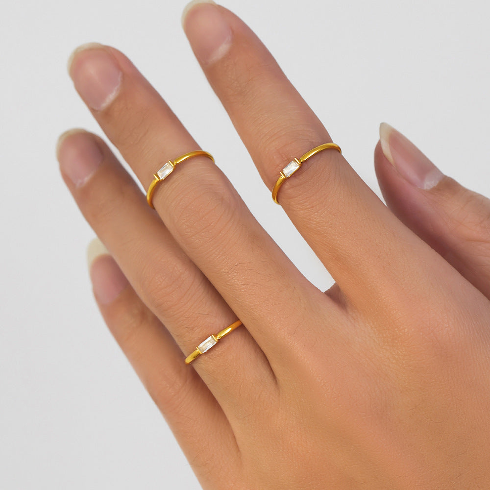 Wholesale Mystery stainless steel rectangular 5A zircon thin ring niche light luxury feeling not fading food finger ring jewelry