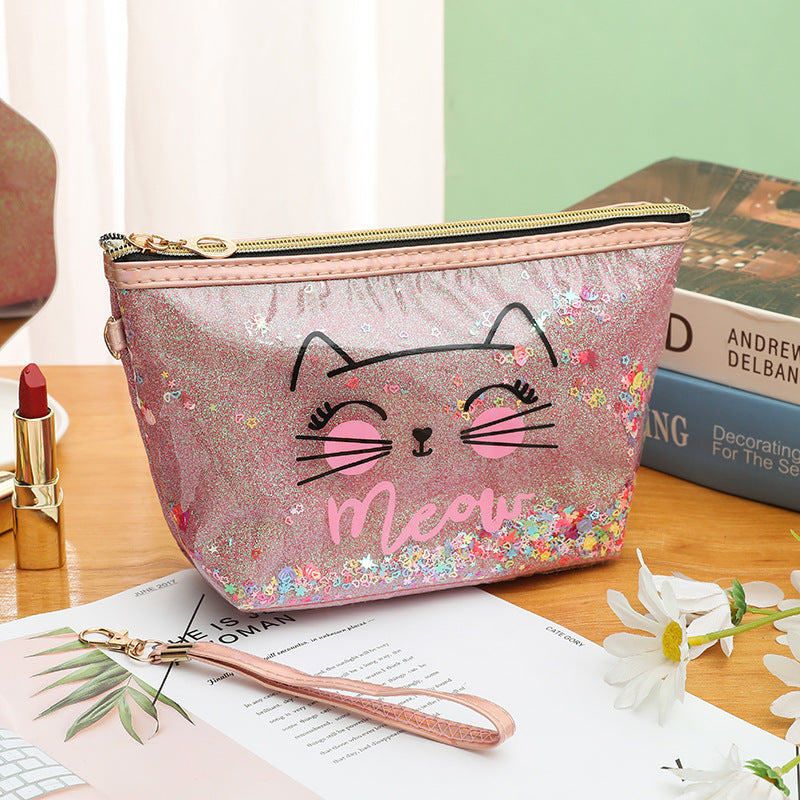 Wholesale Cat cartoon cosmetic bag quicksand pencil case cosmetic bag
