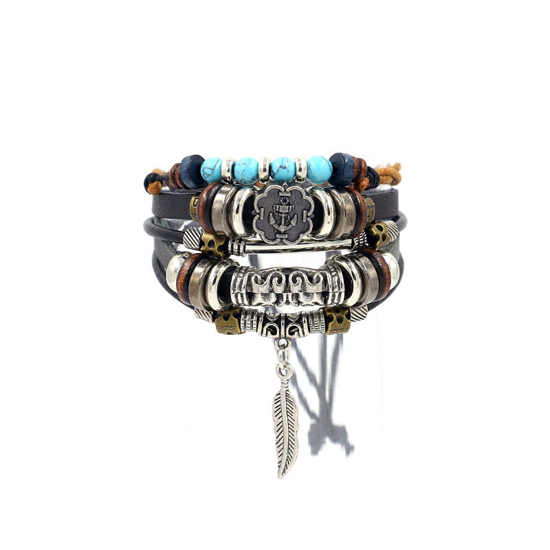Wholesale alloy anchor cowhide bracelet turquoise beaded multi-layer braided bracelet