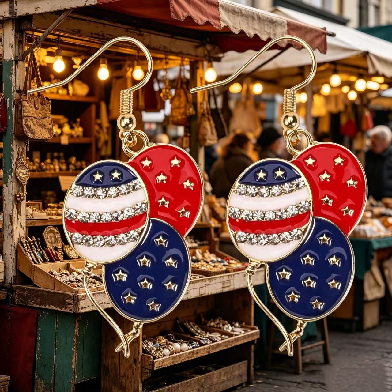 Wholesale Patriotic Star Heart Earrings For Women Red White Blue Rhinestone Alloy Independence Day Fashion Jewelry Accessory Gift