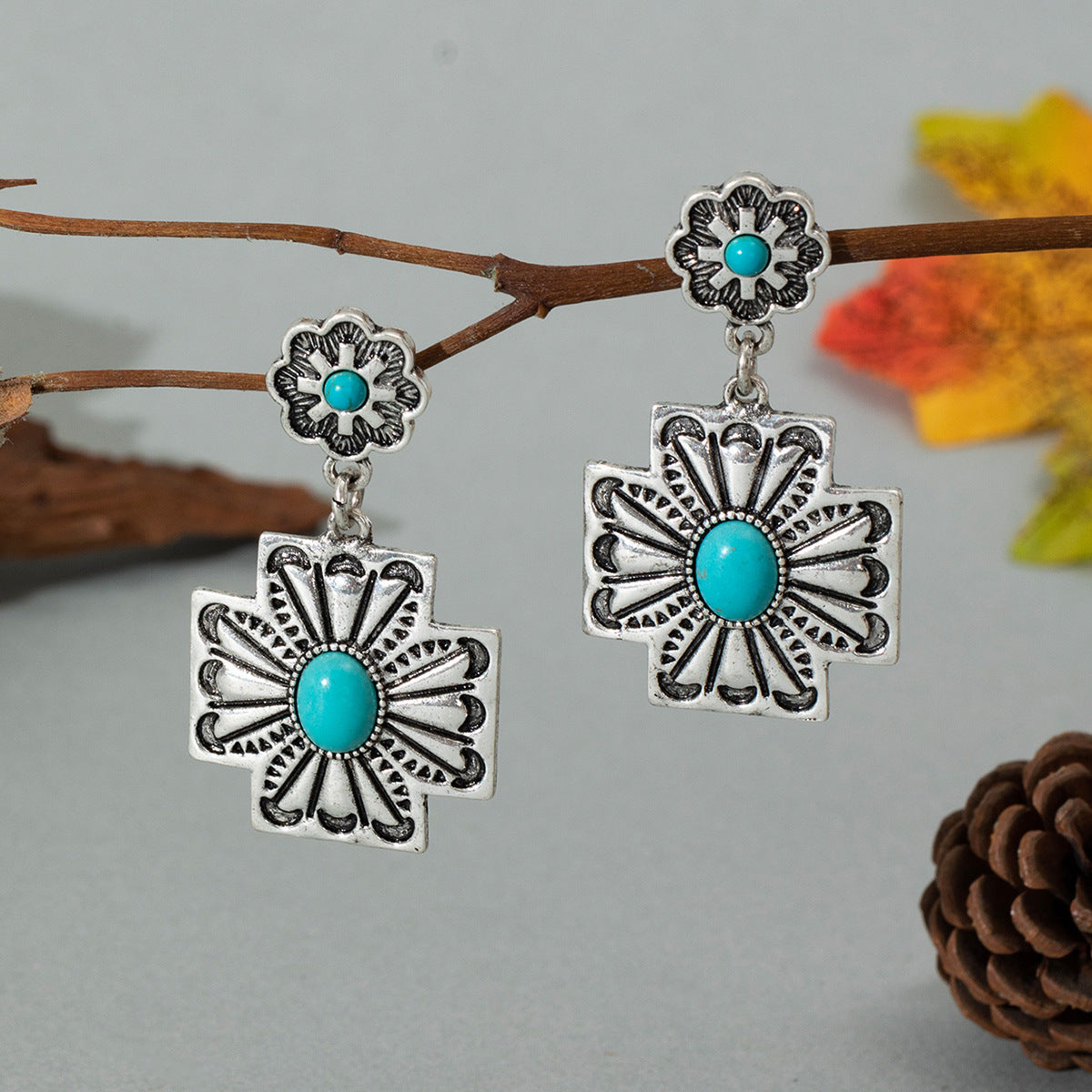 Wholesale Vintage Western Turquoise Oval Exaggerated Earrings