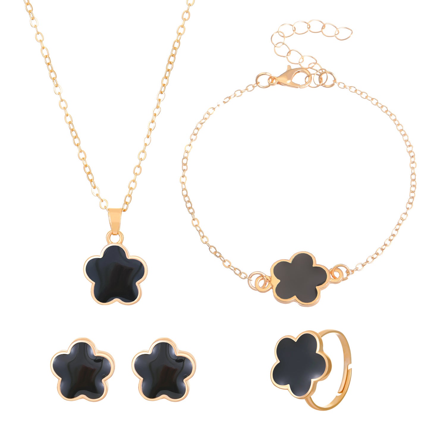 Wholesale Simple petal necklace five-leaf flower bracelet ring earrings 4-piece set