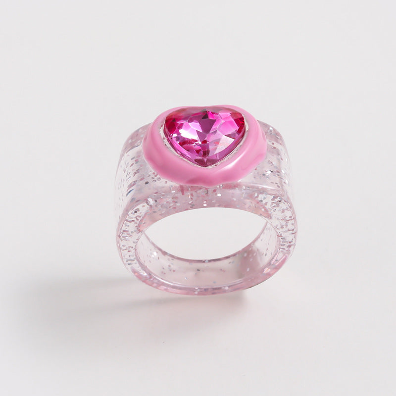 Wholesale Valentine's Day Resin Heart Peach-Based Oil-Dotted Diamond Ring