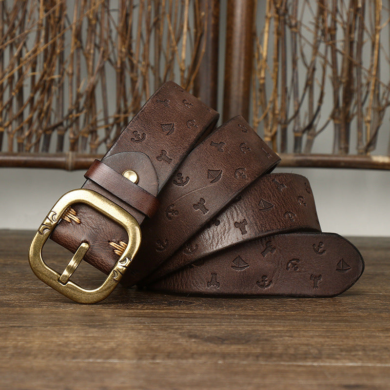Wholesale 3.8CM Wide Machine Embossed Vegetable Tanned Leather Belt