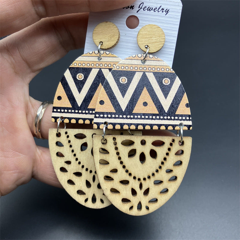 Wholesale Retro Exaggerated Wood Print Hollow Earrings