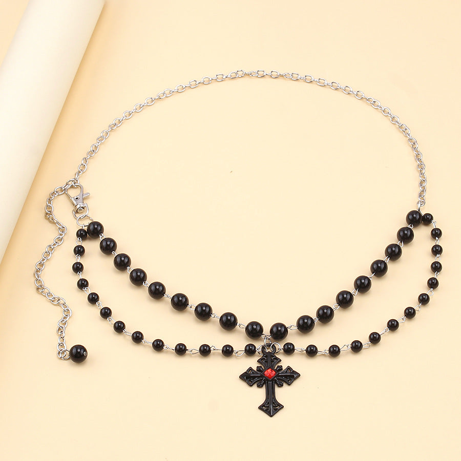 Wholesale Gothic Dark Style Vintage Black Pearl Cross Waist Necklace
