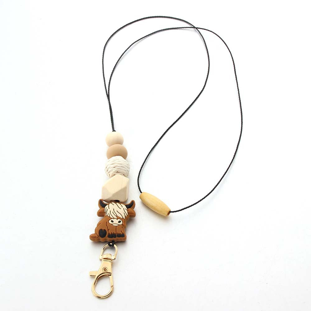 Wholesale Bohemian Style Beaded Silicone Wooden Beads Lanyard Bull Head Keychain