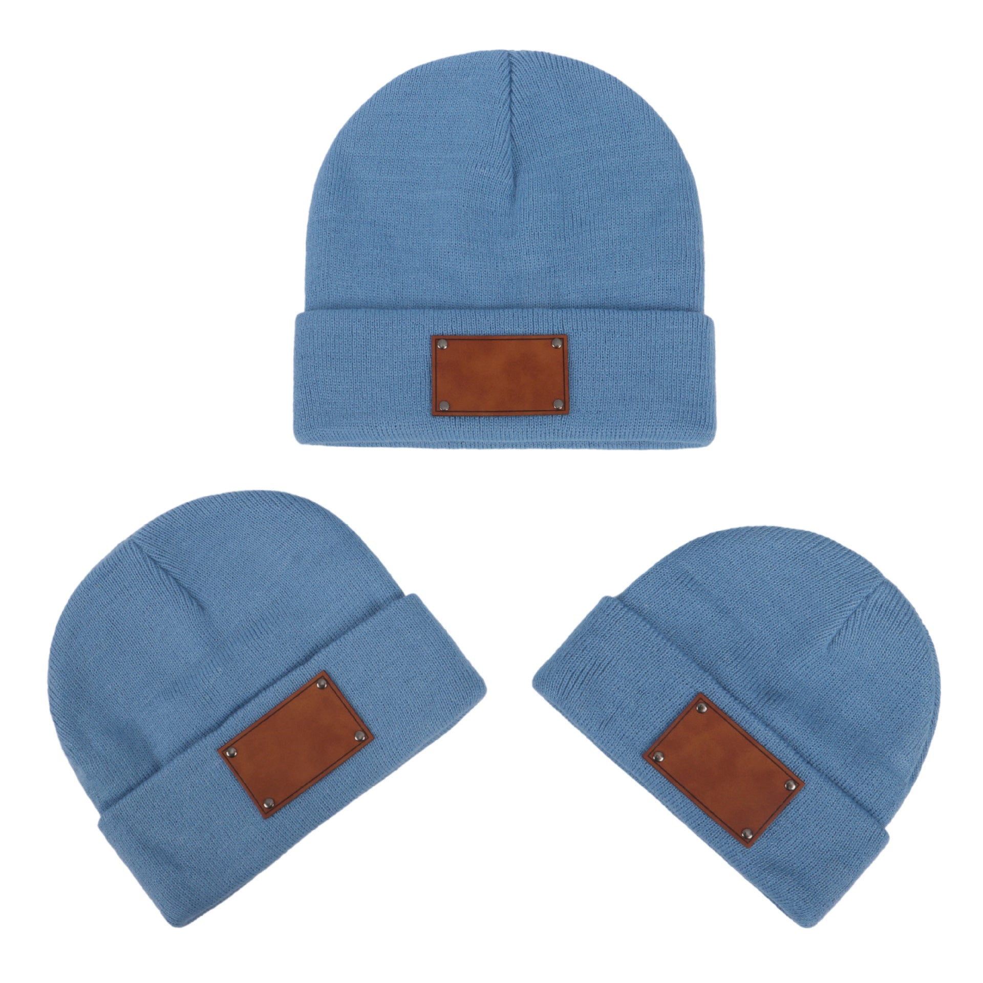 Wholesale Fashion Retro Infant and Toddler Children Blank Engravable Leather Label Knitted Warm Pullover Beanie